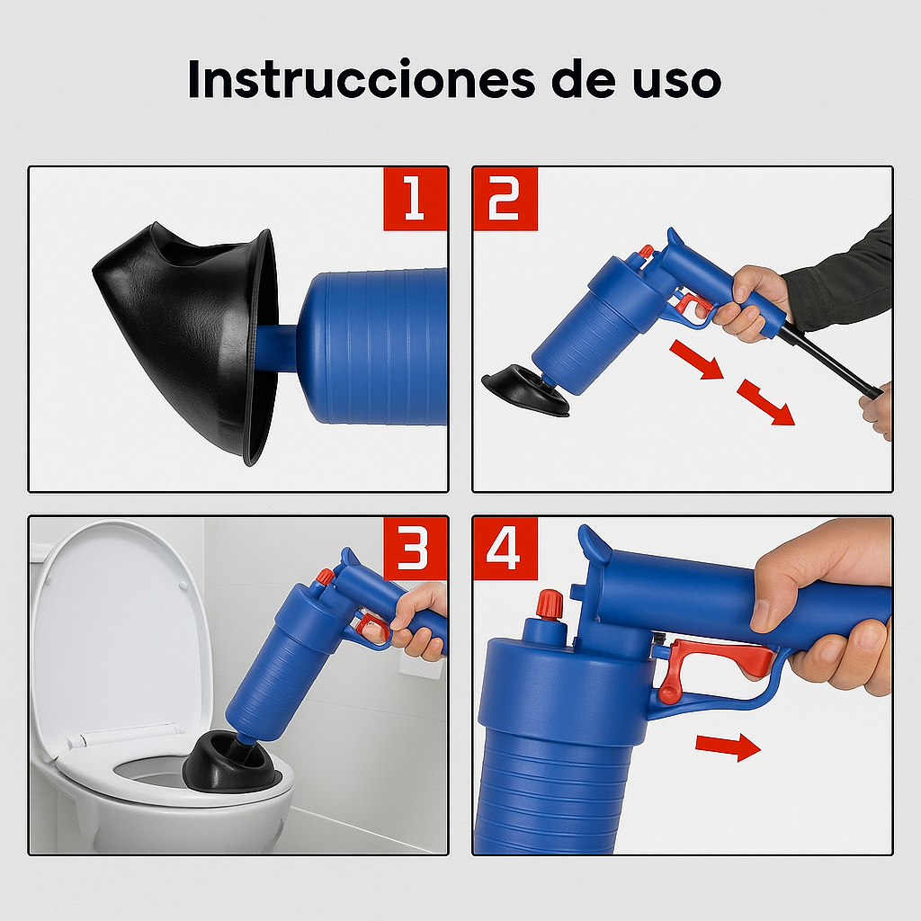 DestapaFácil™ – Pistola Neumática para Destapar Inodoros y Cañerías sin Esfuerzo